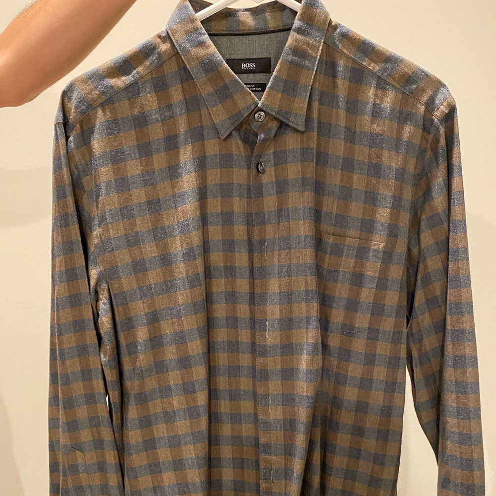 Hugo Boss Blue and Brown Checkered Casual Button Down Shirt